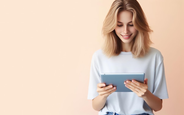 Retrato de una hermosa mujer joven usando una tableta inteligente para el aprendizaje de educación de compras en línea