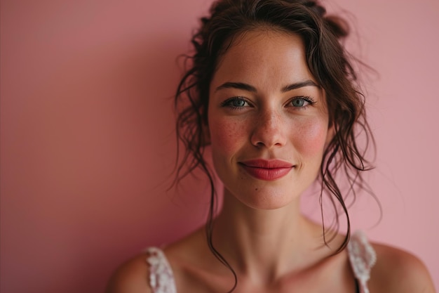 Retrato de una hermosa mujer con labios rojos sobre un fondo rosa