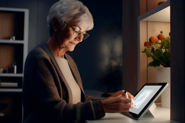 Retrato de una hermosa mujer madura en edad avanzada sonriente usando una tableta.