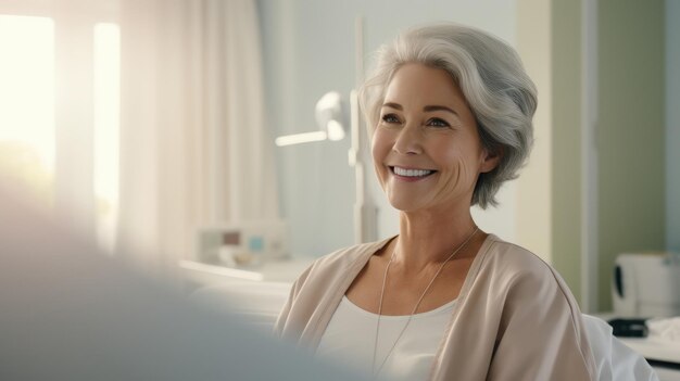 Retrato de una hermosa mujer madura sonriendo en una habitación de hospital clínico