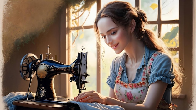 Retrato de una hermosa mujer en la máquina de coser