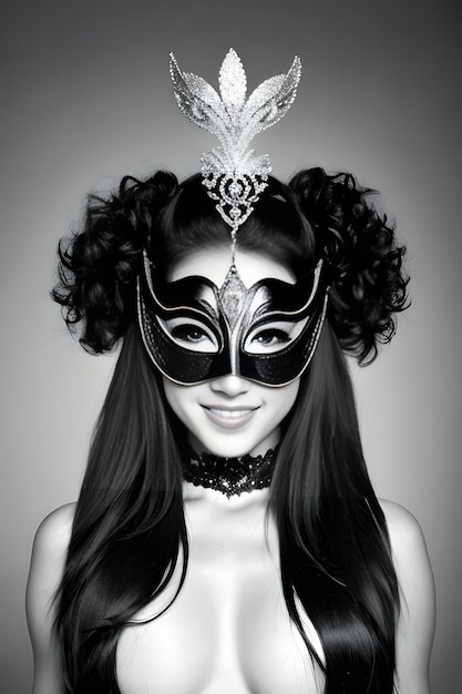 Retrato de una hermosa mujer con máscara de carnaval sobre un fondo gris