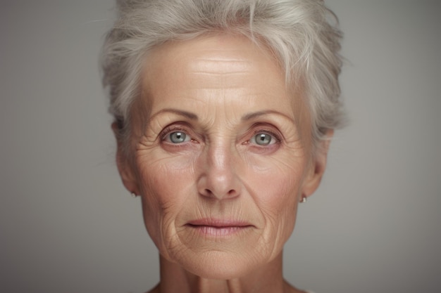 Foto retrato de una hermosa mujer mayor con arrugas en el rostro mirando a la cámara ia generativa