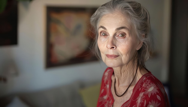 Retrato de una hermosa mujer mayor mirando a la cámara en casa