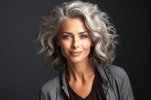 Retrato de una hermosa mujer del medio con cabello gris y maquillaje profesional en un fondo sólido