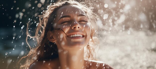 Retrato de una hermosa mujer modelo con salpicaduras y gotas de agua Chica sonriente bajo salpicaduras de agua