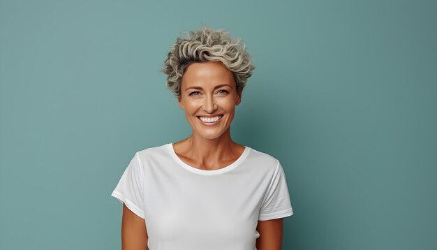 Retrato de una hermosa mujer moderna de mediana edad con cabello gris corto sonriendo felizmente expresando juventud y alegría usando una camiseta casual.