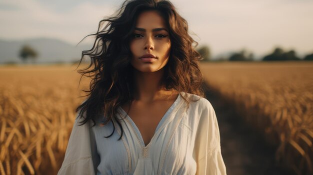 Retrato de una hermosa mujer morena en un campo de trigo IA generativa