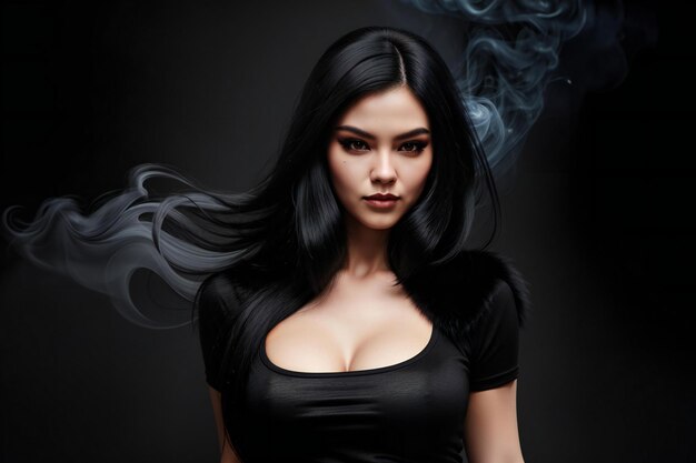 Foto retrato de una hermosa mujer morena con humo en un fondo oscuro