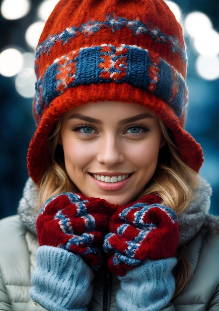 Retrato de hermosa mujer morena ojos azules ropa de invierno fondo gente banner