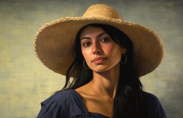 Retrato de una hermosa mujer morena con un sombrero de paja