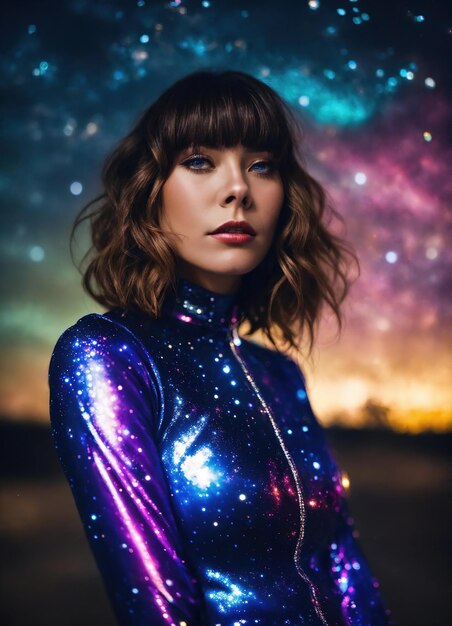 Foto retrato de una hermosa mujer morena en un vestido de noche brillante contra el cielo nocturno