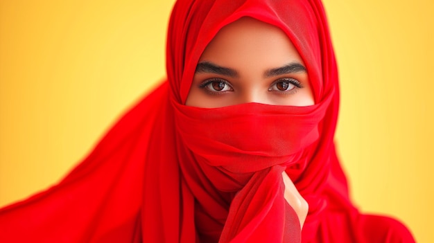 retrato de una hermosa mujer musulmana cubierta con un velo rojo en un fondo amarillo generado por ai