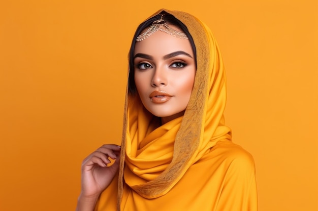 Retrato de una hermosa mujer musulmana en un hiyab amarillo sobre un fondo amarillo IA generativa