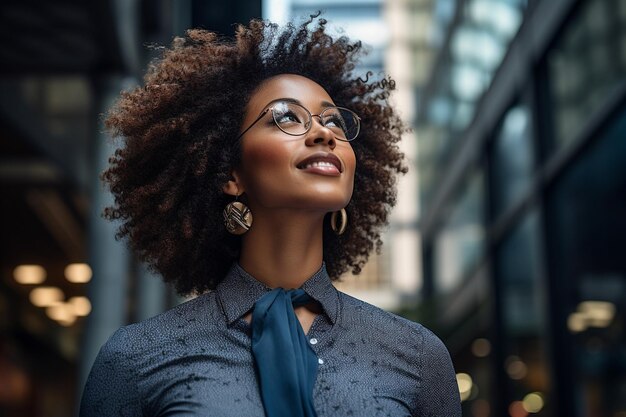 Foto retrato de una hermosa mujer de negocios con gafas de pie al aire libre y mirando hacia otro lado ia generativa