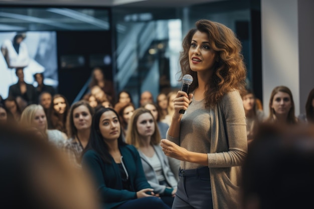 Foto retrato de una hermosa mujer de negocios hablando en una sala de conferencias mujer empoderada que ofrece una presentación atractiva y dinámica a una audiencia femenina generada por ia