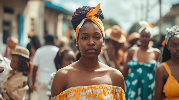 Retrato de una hermosa mujer negra al aire libre con ropa amarilla