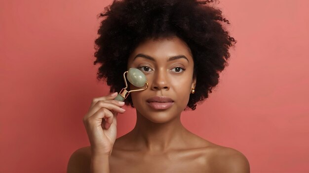 Foto retrato de una hermosa mujer negra usando un rodillo de jade en su cara