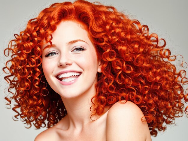 Retrato de hermosa mujer pelirroja alegre con pelo rizado volador sonriendo riendo sobre fondo blanco.