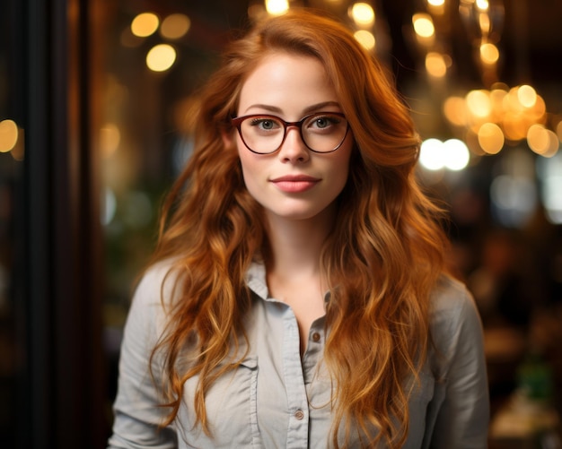 retrato de una hermosa mujer pelirroja con anteojos parada frente a las luces de bokeh