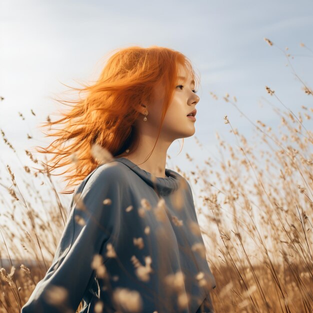 Retrato de una hermosa mujer pelirroja en un campo de trigo