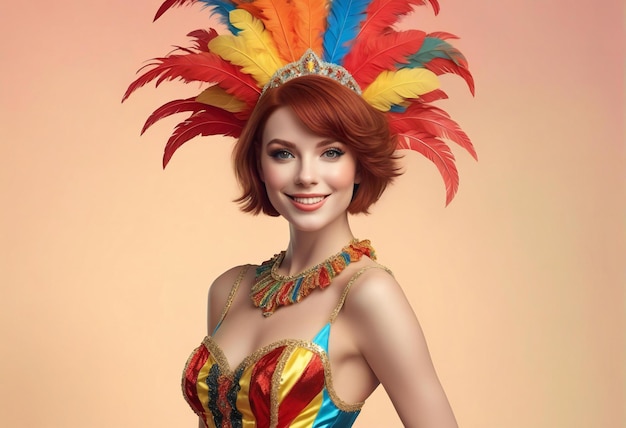 Retrato de una hermosa mujer pelirroja con plumas de colores en la cabeza