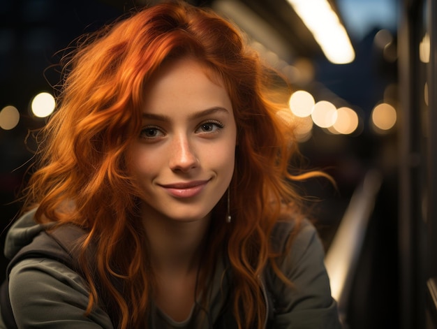 retrato de una hermosa mujer pelirroja en un tren