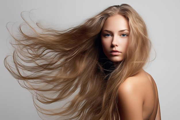 Retrato de una hermosa mujer con el pelo largo y rubio ondulado en el fondo gris