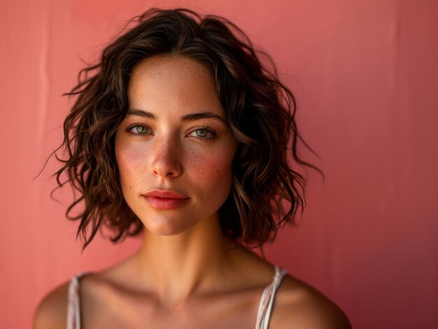 Retrato de una hermosa mujer con pelo rizado sobre un fondo rosa