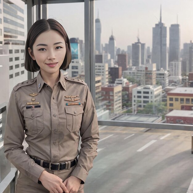 Retrato de una hermosa mujer policía asiática tailandesa con uniforme AI generativo