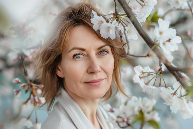 Retrato de una hermosa mujer posando frente a un cerezo en flor