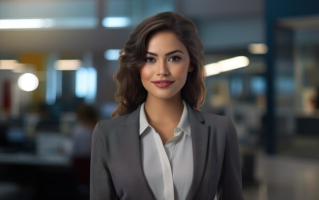 retrato de una hermosa mujer profesional con un blazer gris y una camisa blanca