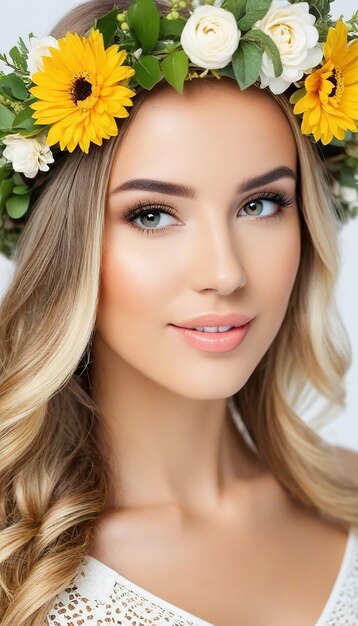 Foto retrato de una hermosa mujer con ropa de verano y una corona de flores en la cabeza