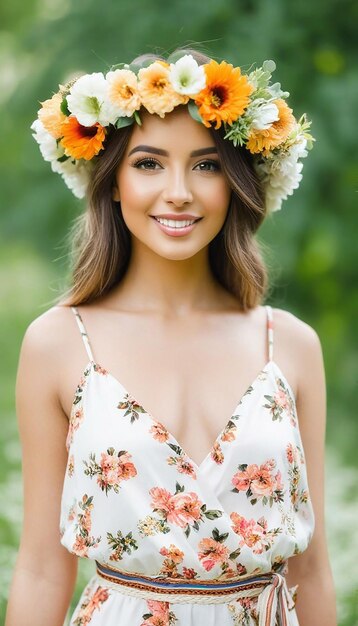 Foto retrato de una hermosa mujer con ropa de verano y una corona de flores en la cabeza