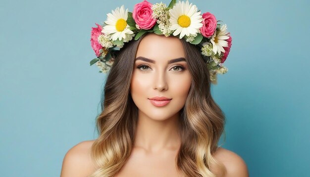 Foto retrato de una hermosa mujer con ropa de verano y una corona de flores en la cabeza