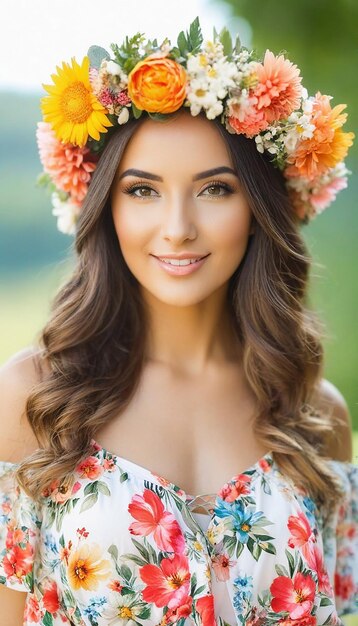 Retrato de una hermosa mujer con ropa de verano y una corona de flores en la cabeza