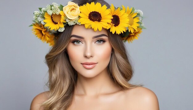 Retrato de una hermosa mujer con ropa de verano y una corona de flores en la cabeza