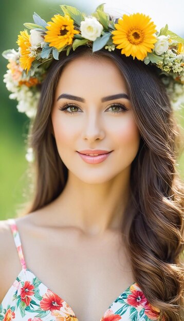 Retrato de una hermosa mujer con ropa de verano y una corona de flores en la cabeza