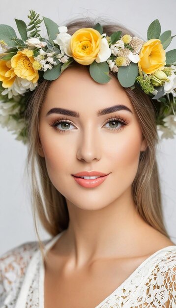 Retrato de una hermosa mujer con ropa de verano y una corona de flores en la cabeza