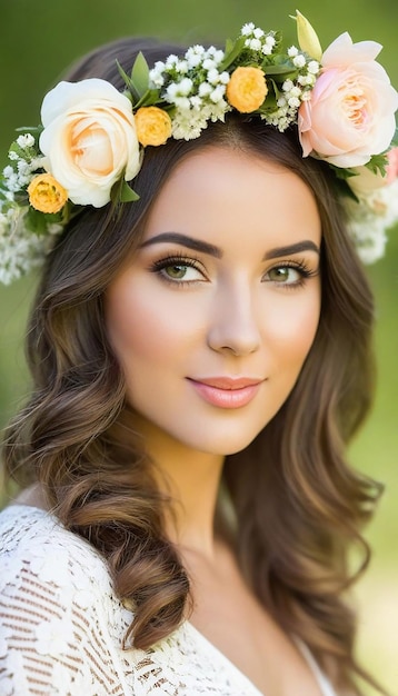 Retrato de una hermosa mujer con ropa de verano y una corona de flores en la cabeza