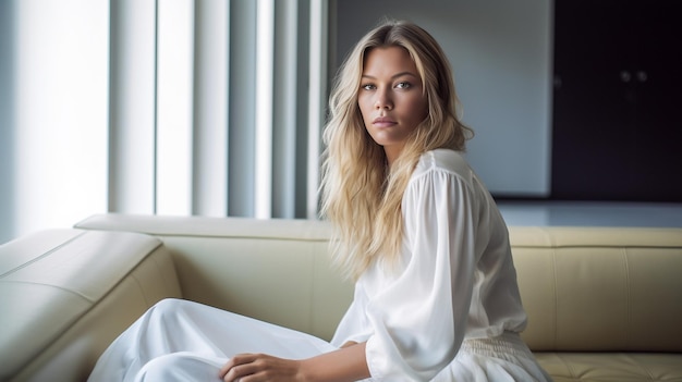 Retrato de una hermosa mujer rubia adulta con camisa blanca sentada en un sofá en la habitación IA generativa