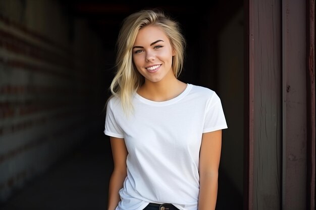 Retrato de una hermosa mujer rubia con una camiseta blanca