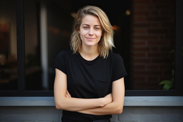 Foto retrato de una hermosa mujer rubia con una camiseta negra