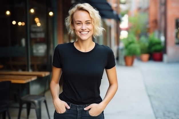 Foto retrato de una hermosa mujer rubia con una camiseta negra