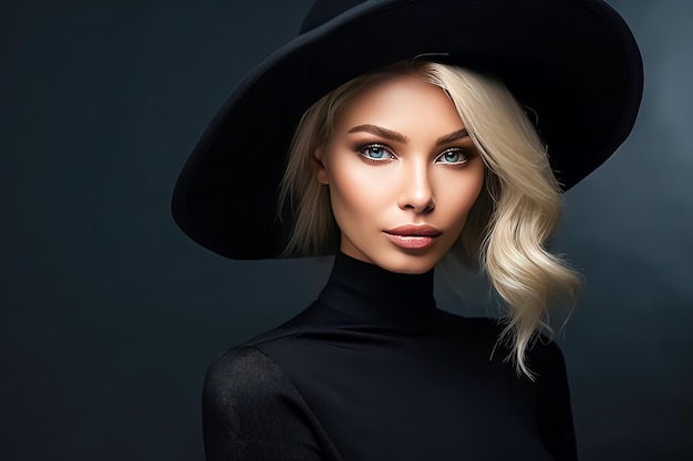 Retrato de una hermosa mujer rubia con sombrero negro Moda de belleza