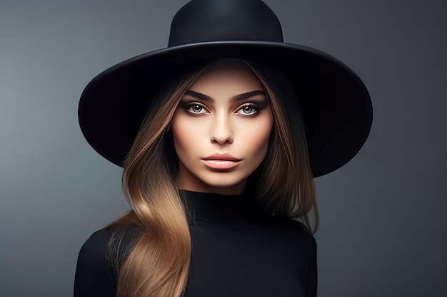 Retrato de una hermosa mujer rubia con sombrero negro Moda de belleza