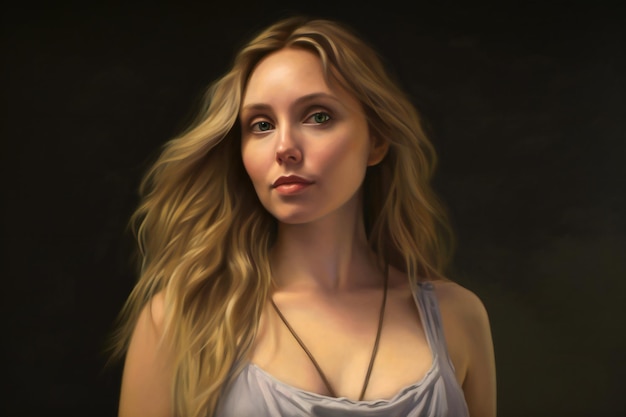 Retrato de una hermosa mujer rubia con un vestido blanco sobre un fondo oscuro