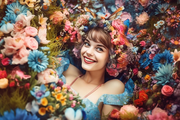 Retrato de hermosa mujer sonriente hada de las flores relajándose en un colorido lecho de flores IA generativa