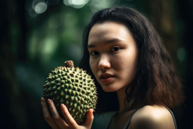 Retrato de una hermosa mujer sosteniendo una fruta madura de guisante con un vibrante bosque tropical