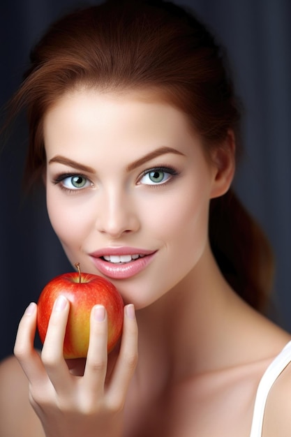 Retrato de una hermosa mujer sosteniendo una manzana frente a su boca creado con ai generativo